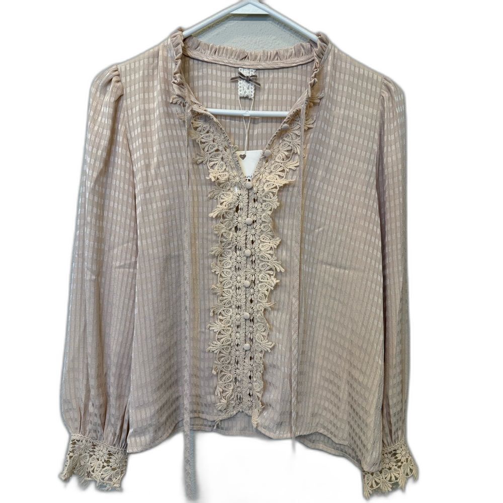 NKN Nekane Boho Lace Trim Blouse in Putty - Small - $125 MSRP